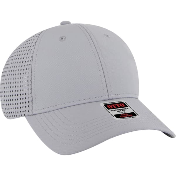 A light grey 6 panel low profile baseball cap with mesh side panels and a branding label.