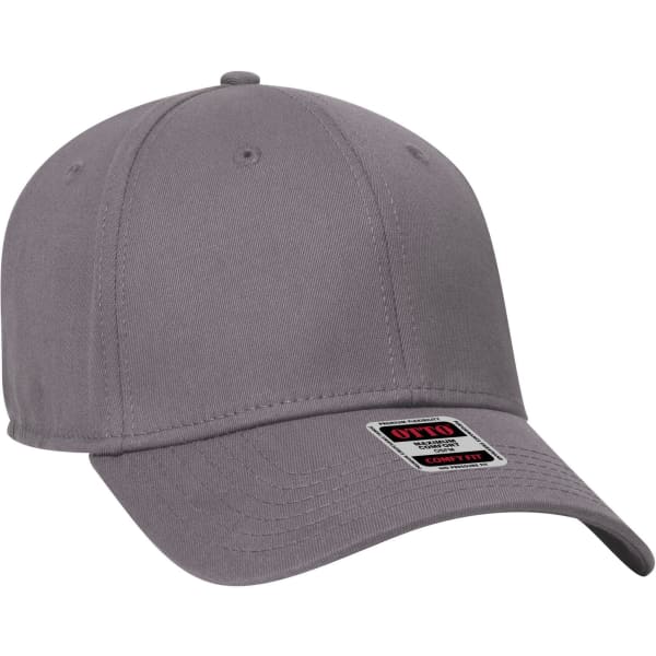 A grey low profile baseball cap with a six-panel design and a logo on the front.