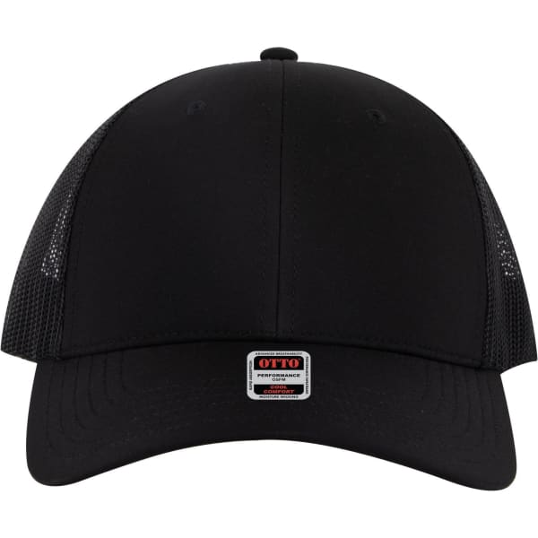 A black low-profile trucker cap featuring mesh panels and a logo tag on the front.