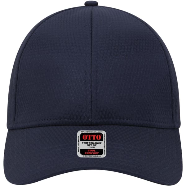 A UPF 50+ six-panel low profile baseball cap in navy blue with a logo on the front.