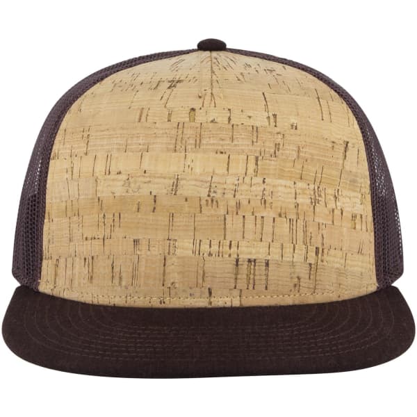 A 5 Panel Pro Style Trucker Cap featuring a neutral cork front and dark brown brim with mesh side panels.