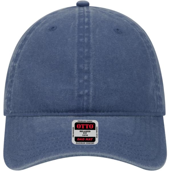 A navy blue 6 Panel Low Profile Dad Cap with a logo on the front. The cap features a curved brim and ventilation holes.