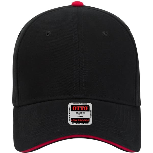 A black low-profile baseball cap with a red underside, featuring a branded tag on the front.