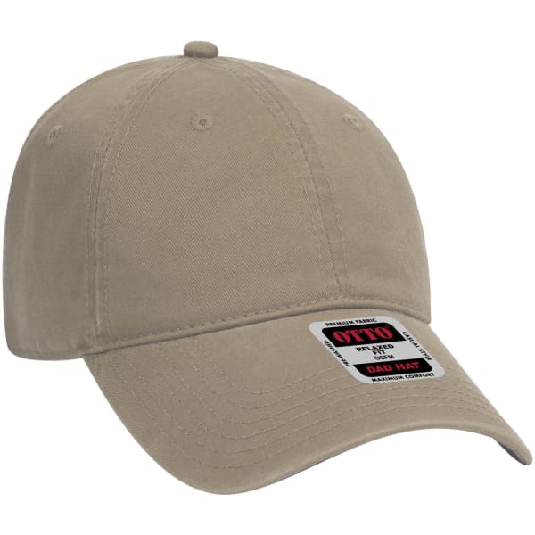 A low-profile dad cap in a neutral beige colour, featuring a logo and an adjustable strap at the back.