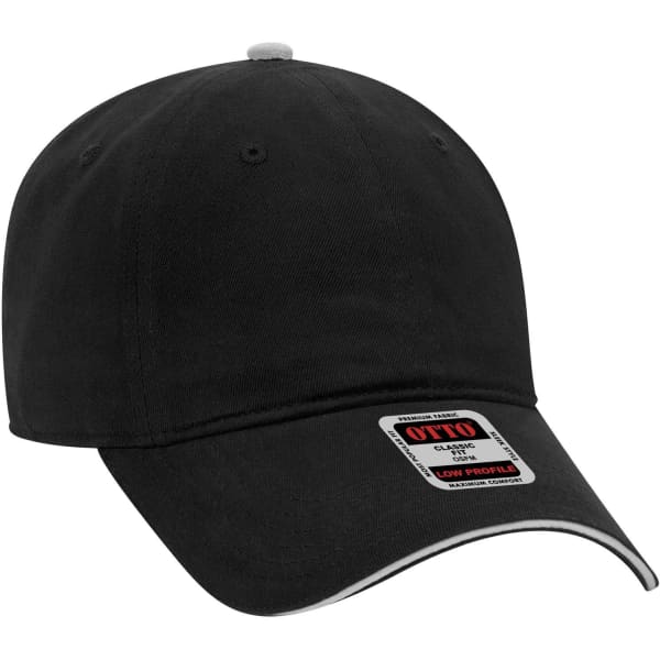 A black, low profile 6-panel baseball cap featuring a logo on the front and contrasting white stitching.