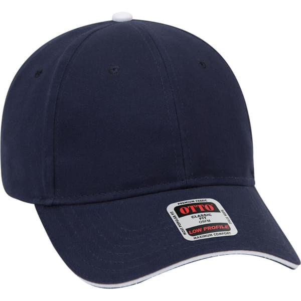 A navy blue 6 panel low profile baseball cap with a white button on top and a logo label on the side.