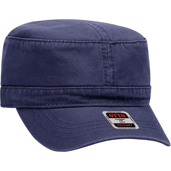 A military hat in navy blue with a structured design and a branded label.