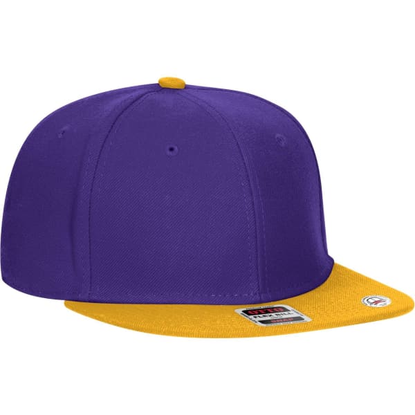 A snapback cap featuring a purple crown and a yellow visor, with a logo on the side.