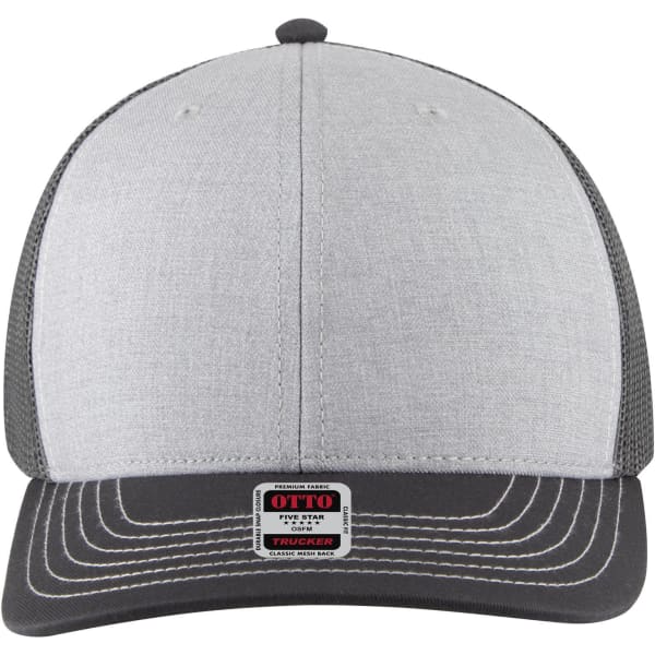 A grey and charcoal 6-panel mid-profile trucker cap with a mesh back and branded label on the front.