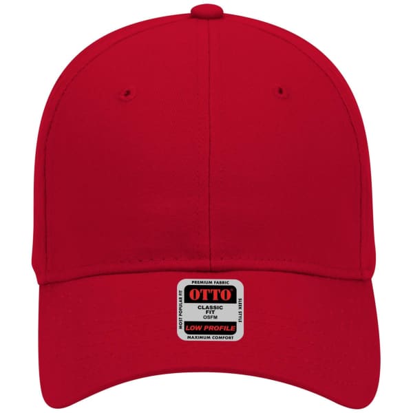 A red low-profile baseball cap with a label and a curved brim. It features a logo on the front.