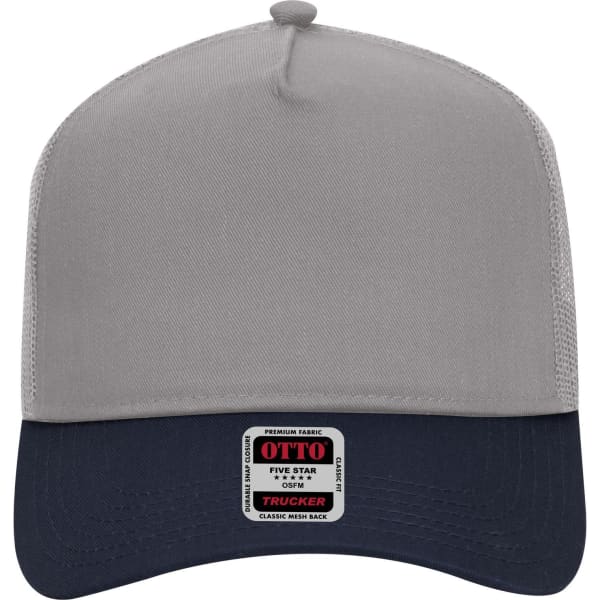 A 5 Panel Mid Profile Trucker Cap in grey with a navy peak and a logo on the front.