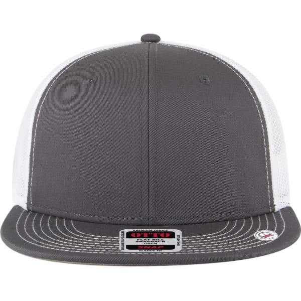 A grey trucker cap with a mid-profile design, featuring a mesh back and a small logo.