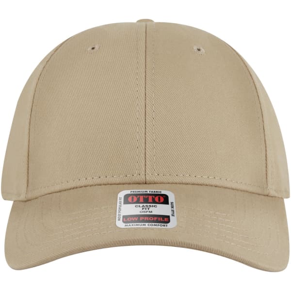 A beige 6 panel low profile baseball cap with a logo on the front and ventilation holes.