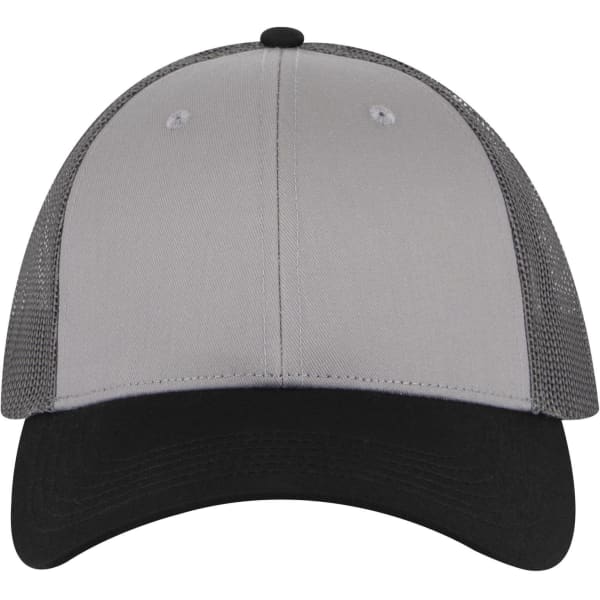 A 6 Panel Low Profile Trucker Cap featuring a grey front and black visor, with mesh side and back panels.