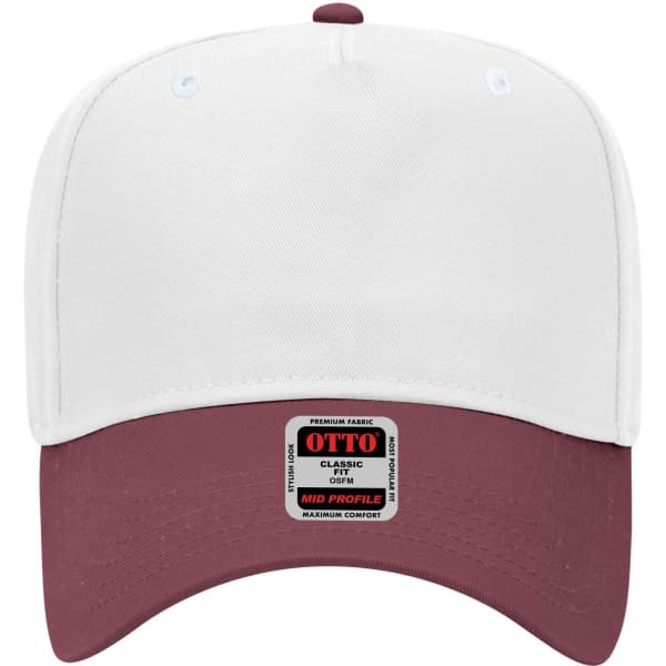 A mid crown baseball cap with a white front and a maroon brim, featuring a logo on the side.