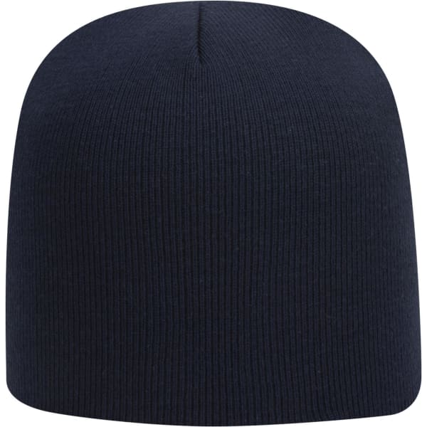 A classic knit beanie in navy blue with a ribbed texture and a rounded top. Features a logo.