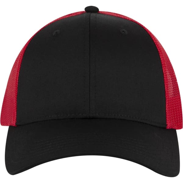 A low profile trucker cap in black with red mesh panels, featuring a logo on the front.
