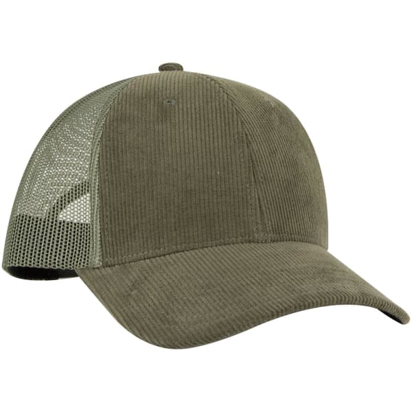 A low profile trucker cap in olive green with a corduroy front and a mesh back, featuring a logo on the side.