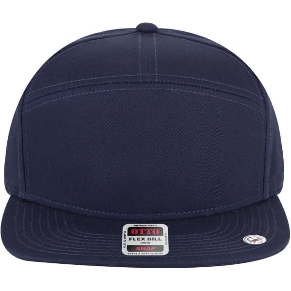 A navy 7 panel mid profile snapback cap with a flat bill and a logo on the front.