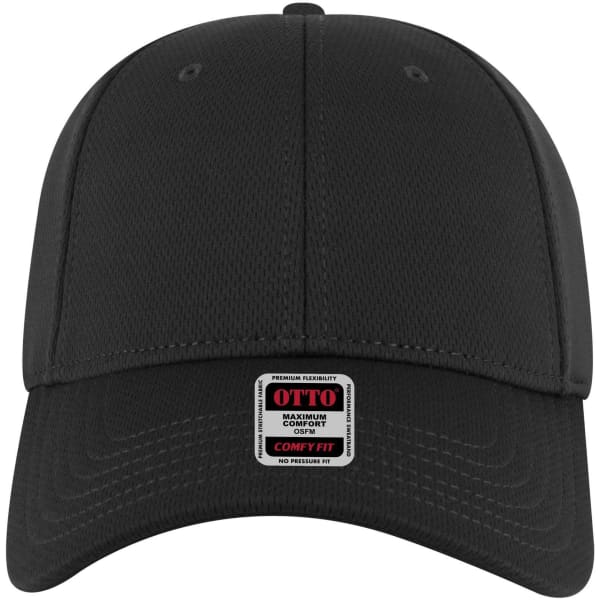 A black low profile baseball cap with a six-panel design and a branding label on the front.