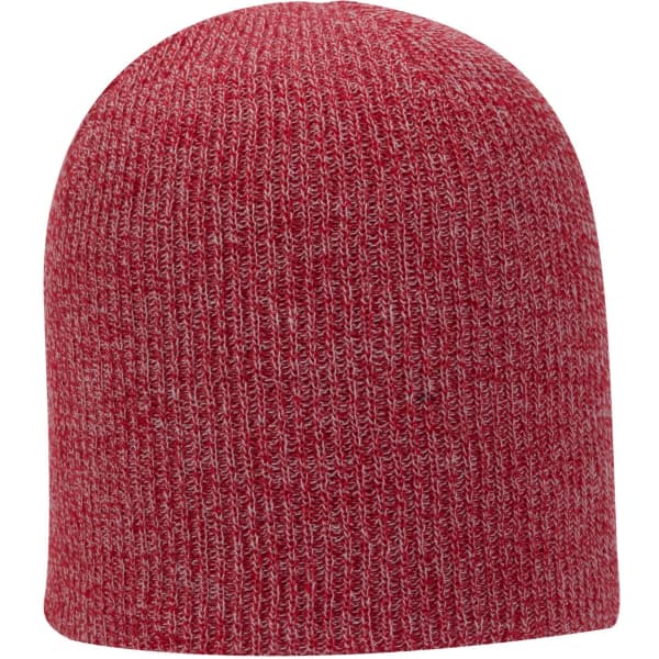A premium rib knit beanie in a vibrant red colour, featuring a textured pattern and a plain design.
