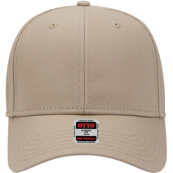 A beige 6-panel mid profile baseball cap with a logo, featuring a classic design and structured fit.