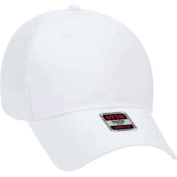 A white low profile baseball cap with six panels and a logo on the front.