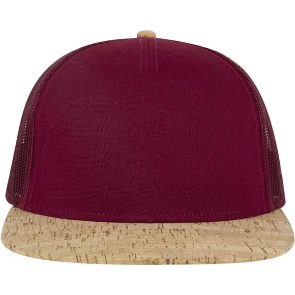 A maroon trucker cap with a cork-coloured brim and mesh sides, featuring a logo on the front.