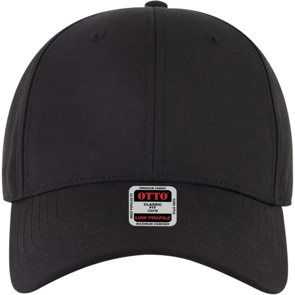 A black six-panel low profile baseball cap with a logo on the front.
