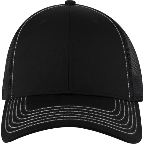 A black 6 panel low profile trucker cap featuring mesh sides and contrasting white stitching, with a logo on the front.