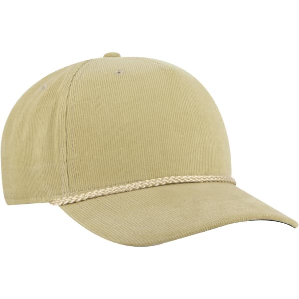 A corduroy baseball cap in a soft tan colour with a decorative braided band and a branding logo.