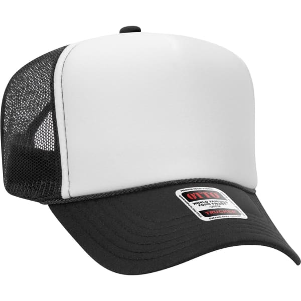 A 5 panel high crown trucker cap featuring a black brim and mesh back, with a white front panel and a logo.