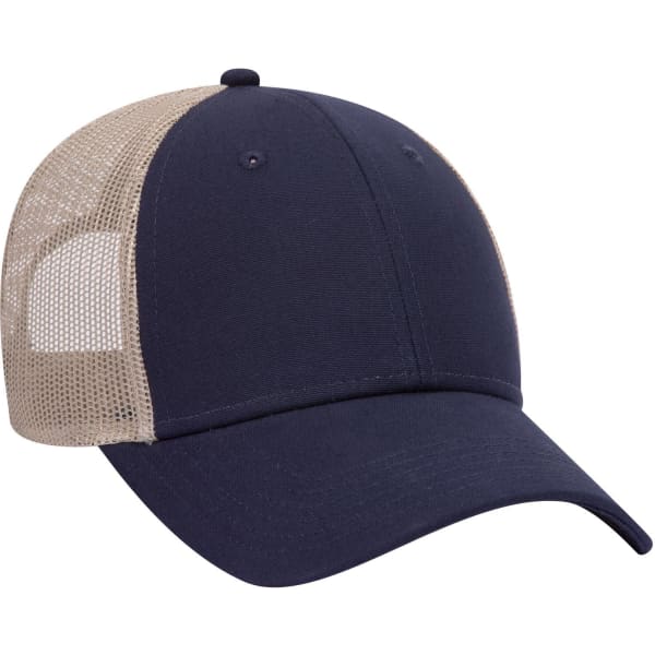 A navy blue low-profile trucker cap with a mesh beige back and a curved brim. It features a logo on the front.