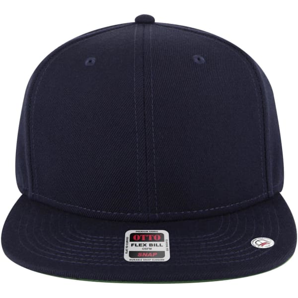A navy blue snapback cap with a flat brim and a green undervisor. It features a logo on the front.