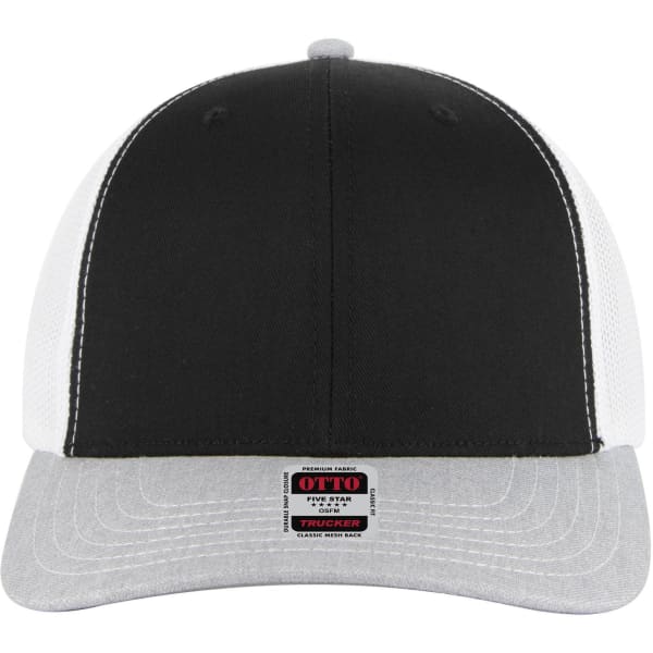 A black and white 6-panel mid-profile trucker cap with a grey brim and a logo on the front.
