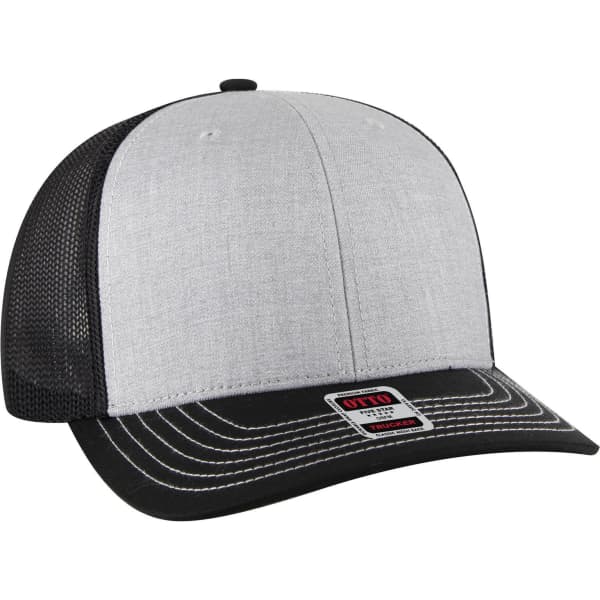 A grey and black 6 panel mid profile trucker cap with a mesh back and a stitched visor, featuring a logo.
