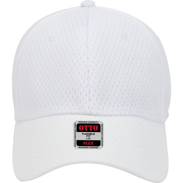 A white 6 panel low profile baseball cap with a mesh design and a branded label on the front.