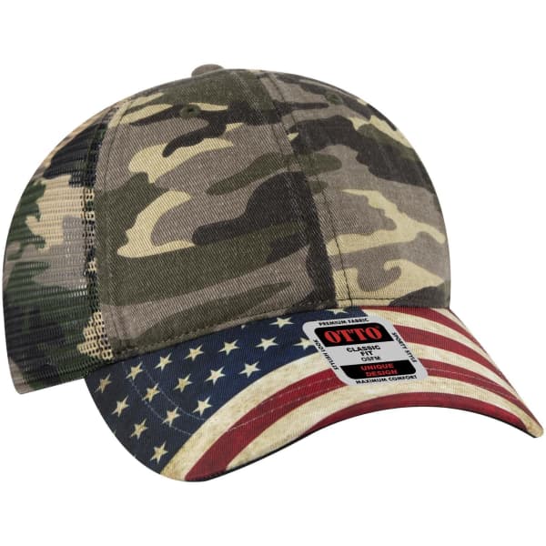 A camo trucker dad cap featuring a low profile design with an American flag brim and a logo on the front.