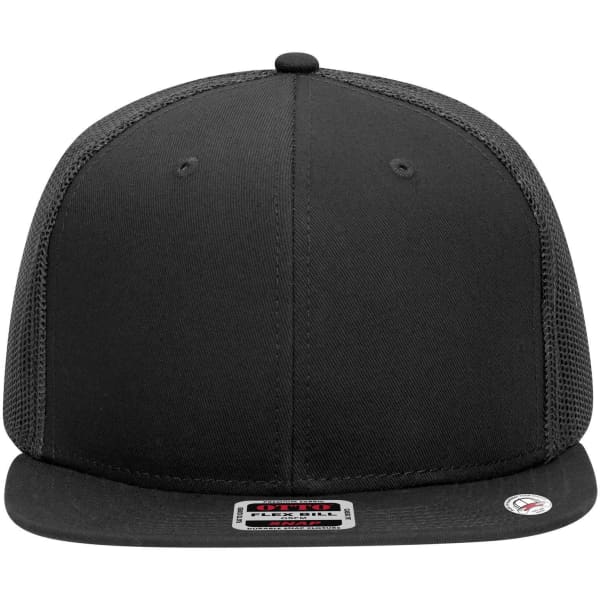 A black 6-panel mid-profile trucker cap with mesh sides and a logo tag on the front.