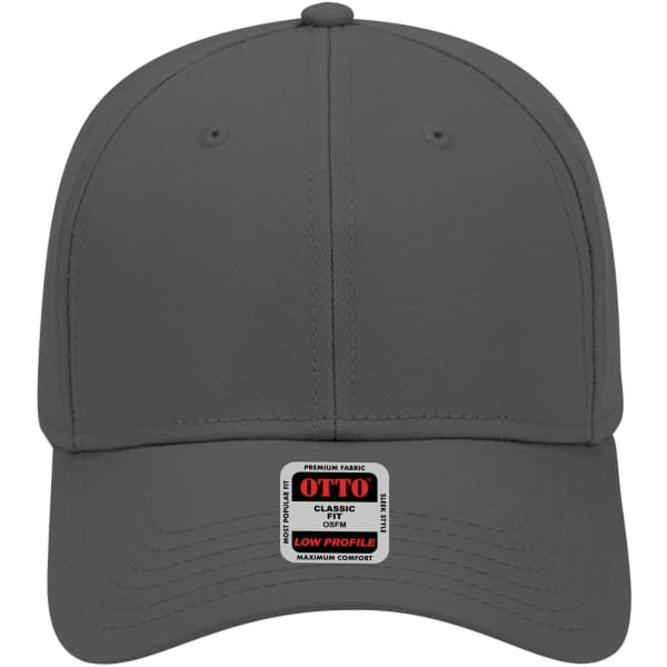 A grey six-panel low profile baseball cap with a logo tag at the front.