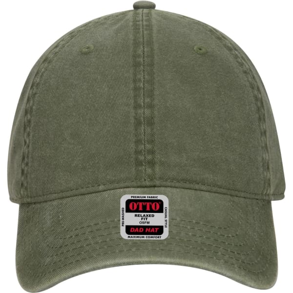 An olive green 6-panel low profile dad cap with a front curved brim and a logo on the front.