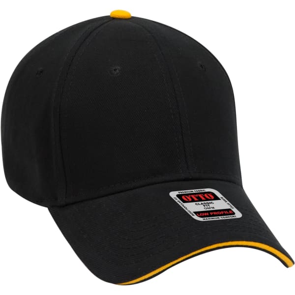 A black low profile baseball cap with a yellow accent and a logo on the front.
