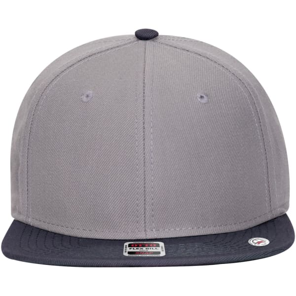 A grey snapback cap with a dark navy peak and a mid-profile design, featuring an interior logo.
