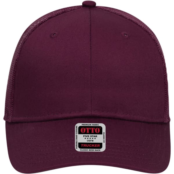 A maroon 6 panel low profile trucker cap featuring a mesh back and a label on the front.
