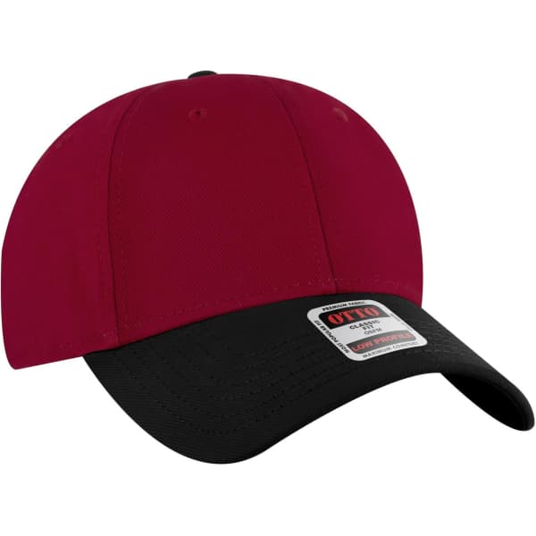 A maroon and black 6-panel low profile baseball cap with a logo on the front.