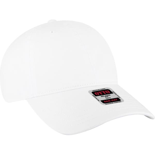 A white 6 panel low profile style dad cap with a logo on the front.