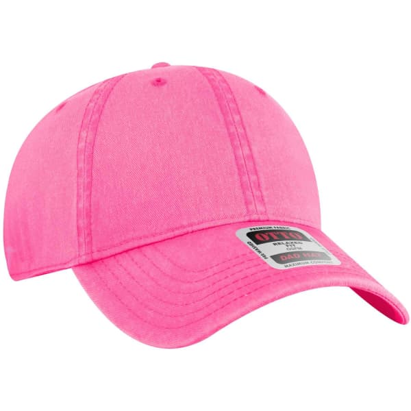 A pink 6 Panel Low Profile Dad Cap with a curved brim and a logo.