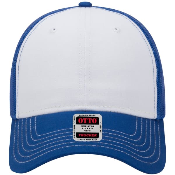 A blue and white 6 panel low profile trucker cap featuring a mesh back and a logo on the front.
