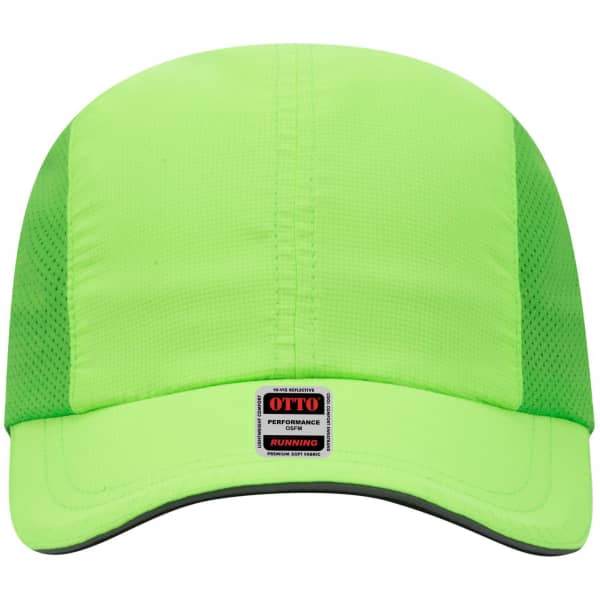 A reflective six-panel running cap in bright green, featuring mesh sides and a logo on the front.