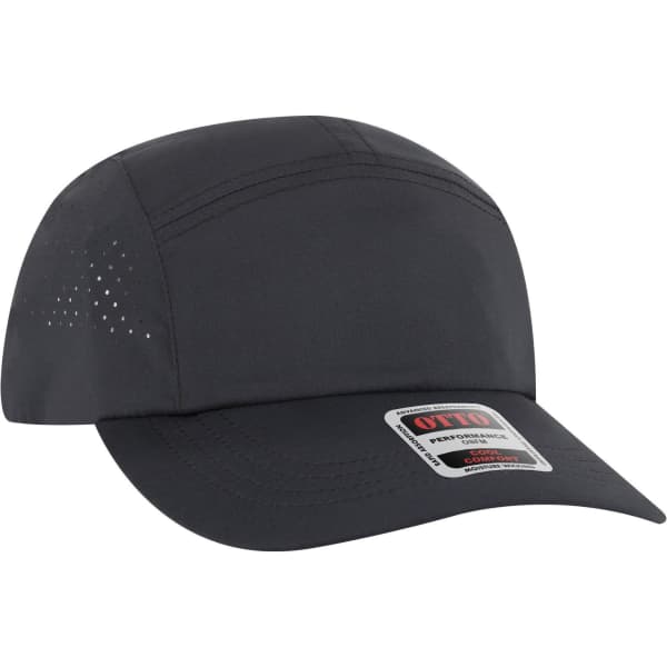 A 5-panel running hat in black with a logo, featuring a lightweight fabric and perforated design.